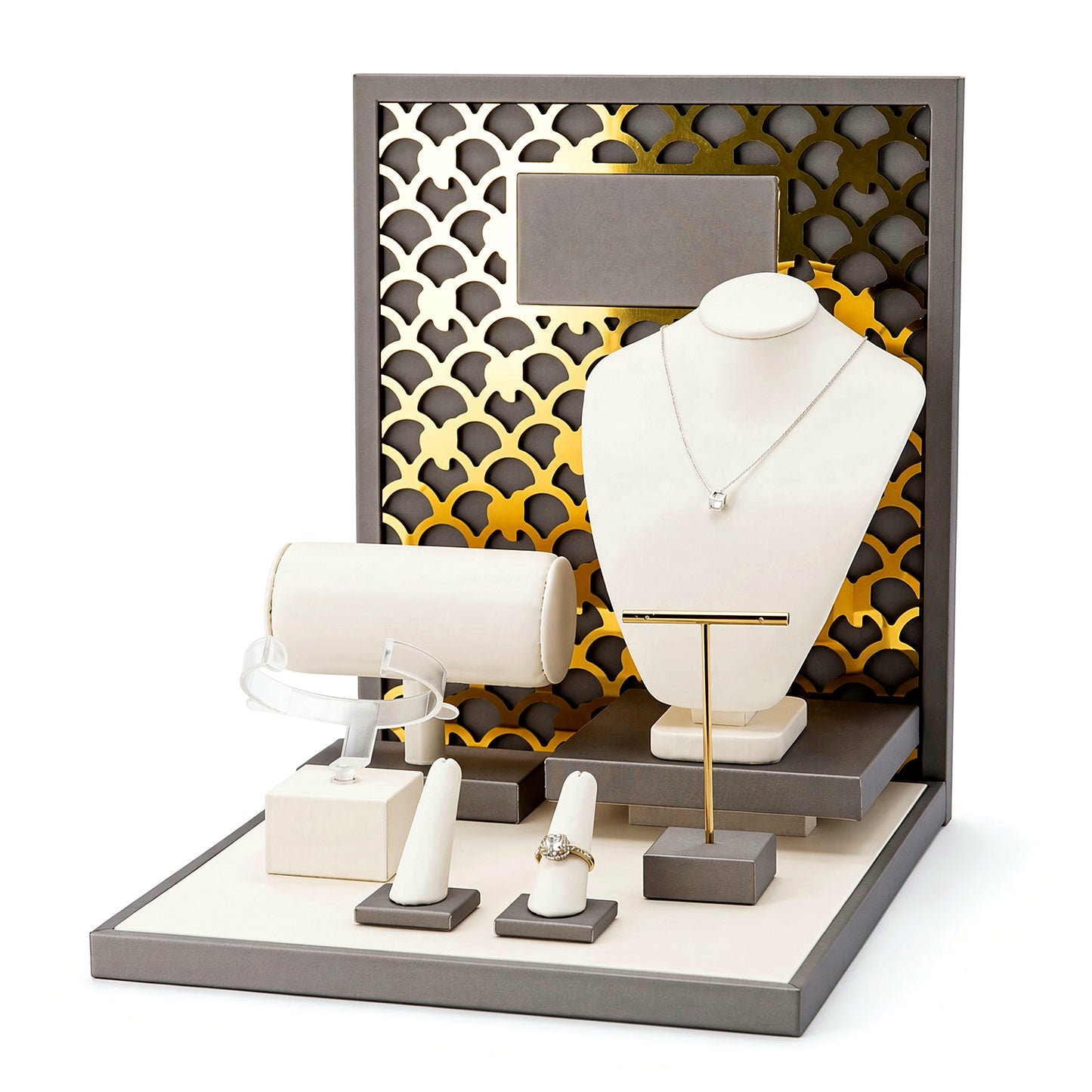 Custom Ivory Gray Multi-Level Jewelry Display Set with the full backboard in ivory, gray and gold, showing the complete display configuration