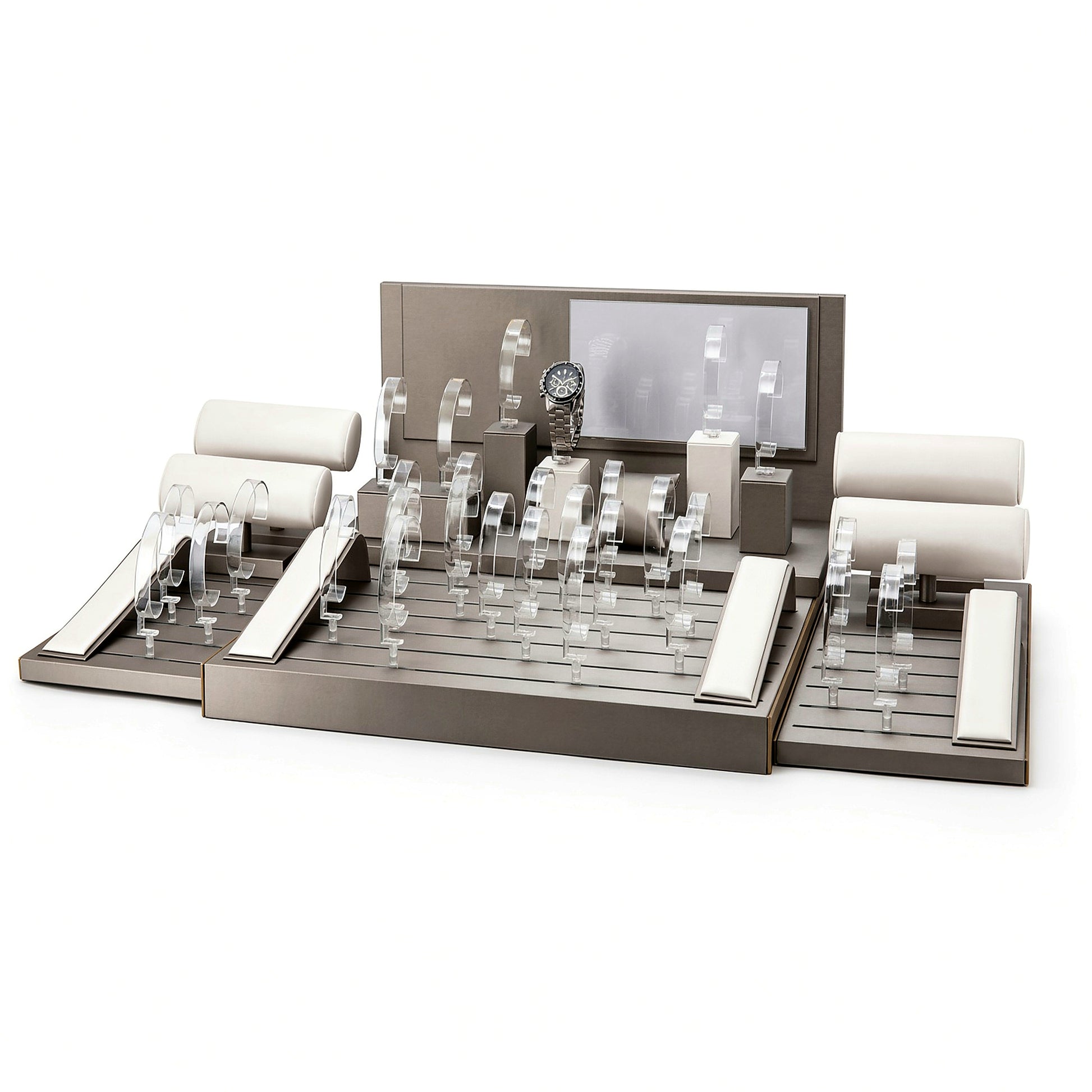 Custom Ivory Gray Watch Display Counter Set with the full backboard for configuration review