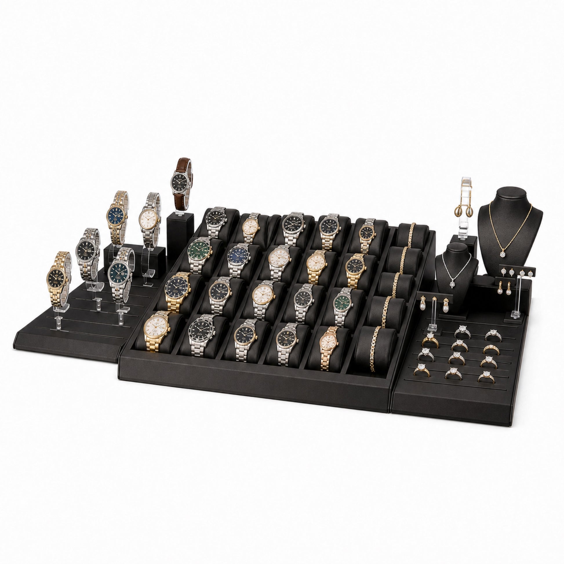 Custom Ivory Gray Watch Display Counter Set without the backboard, styled with watches and jewelry