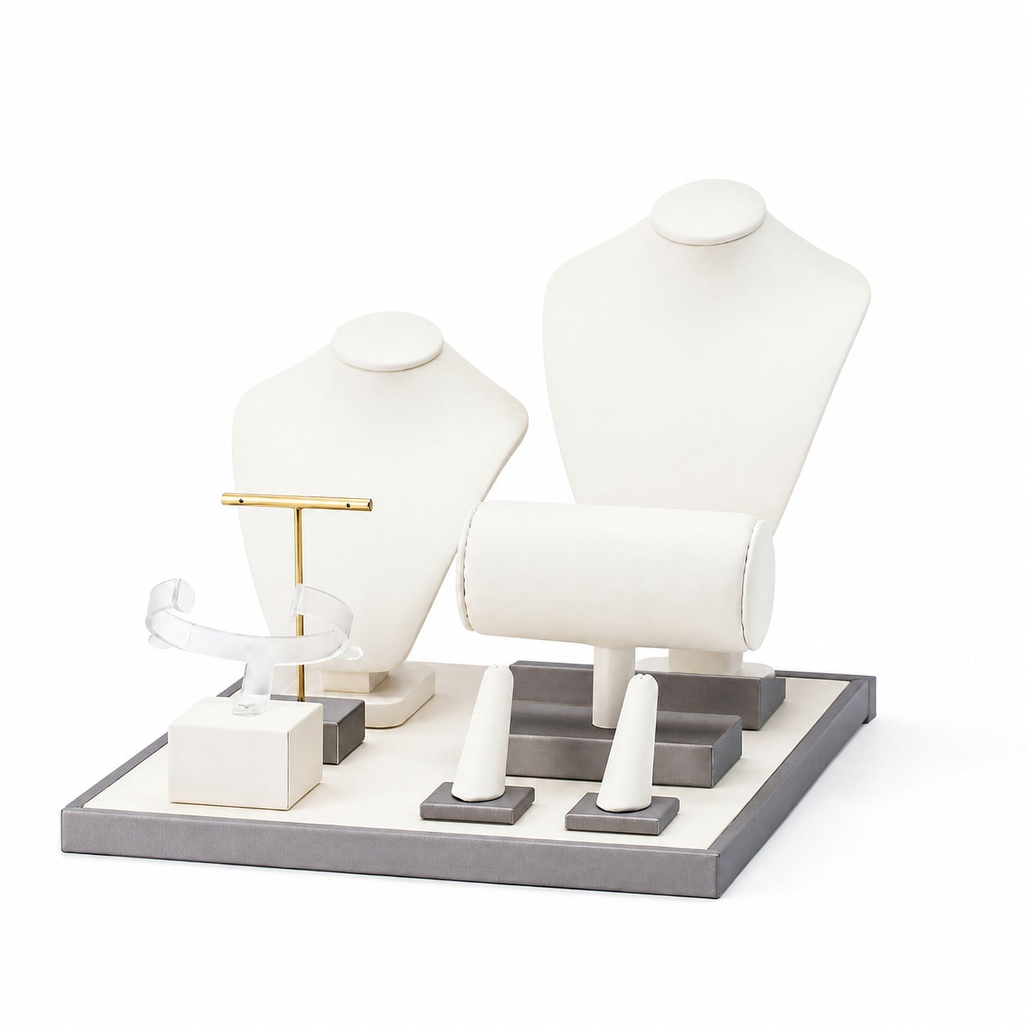 Custom Ivory Necklace Bust Jewelry Counter Display Set without the backboard, showing two necklace busts, bracelet roll, T-bar, ring stands and tiered base for configuration review