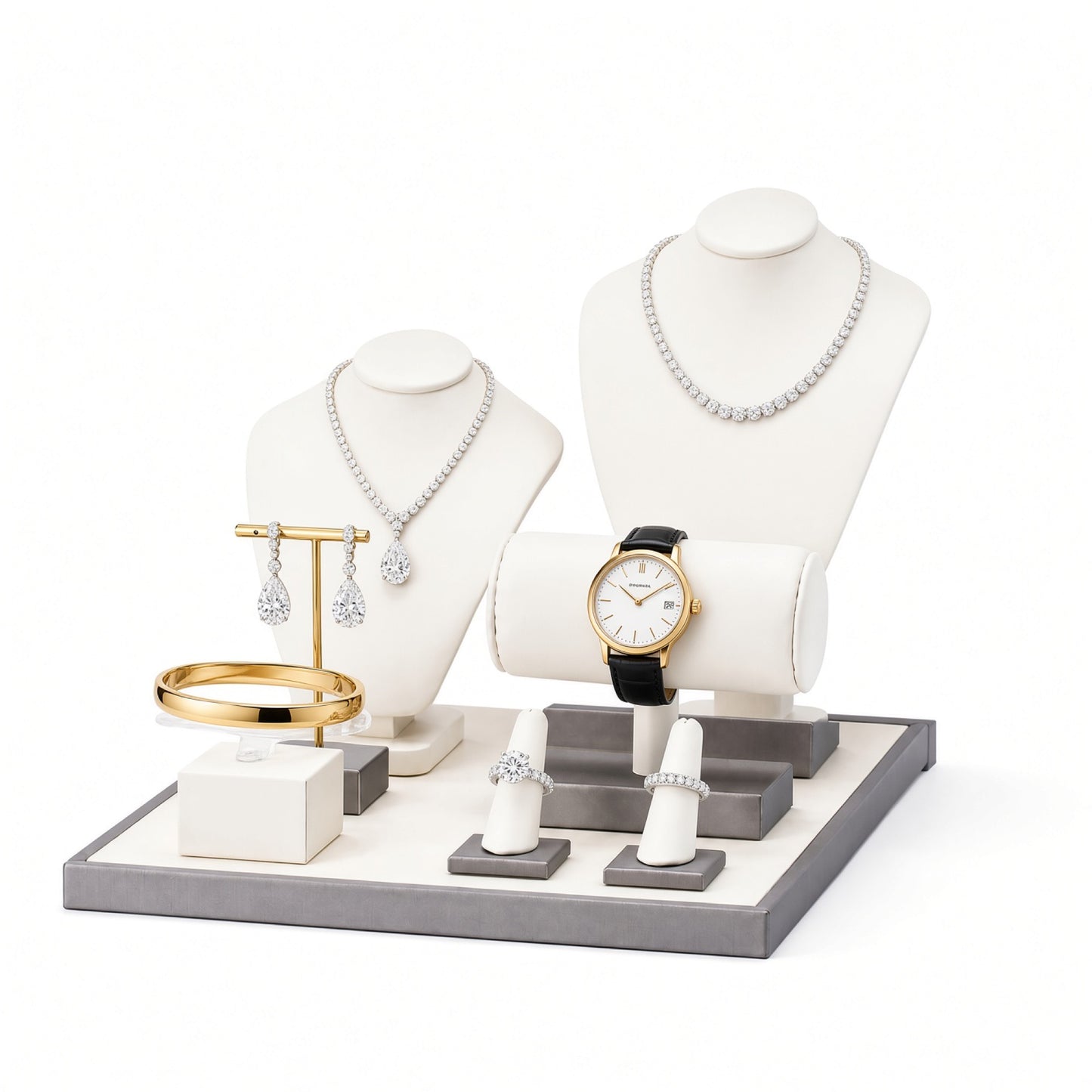 Custom Ivory Necklace Bust Jewelry Counter Display Set without the backboard, styled with jewelry and a watch across the coordinated display pieces