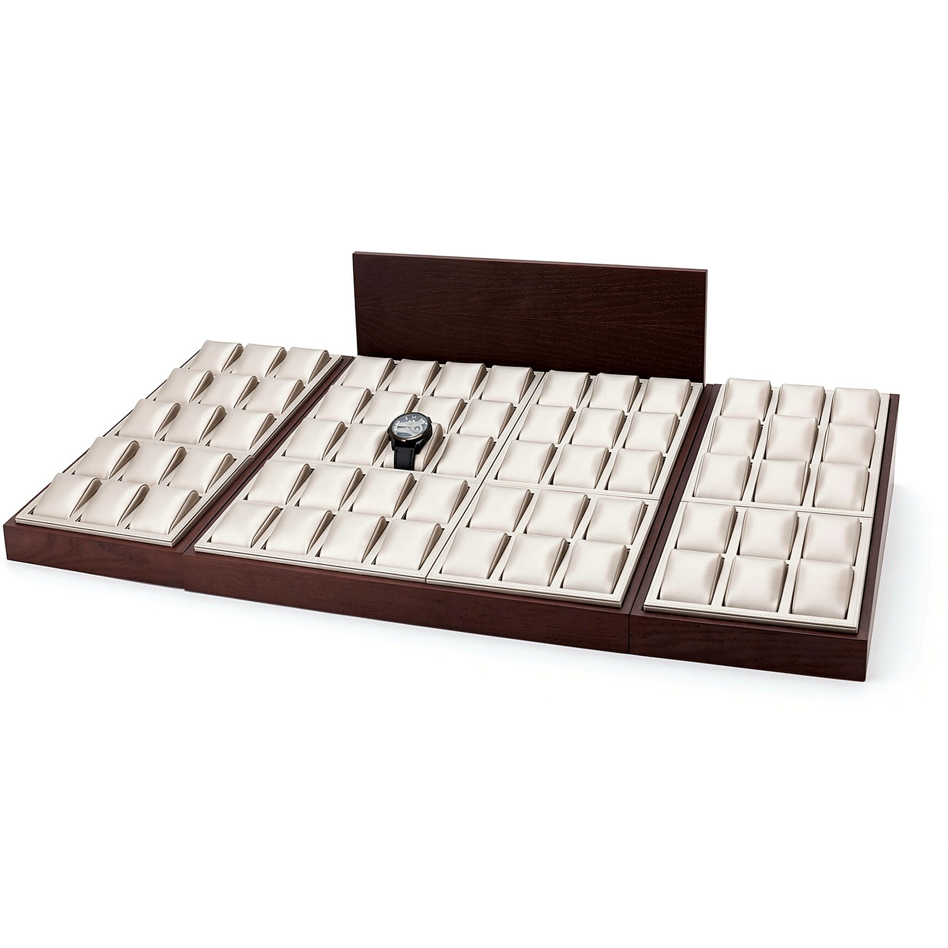 Custom Ivory Wood Grid Watch Display Tray with the full backboard for configuration review