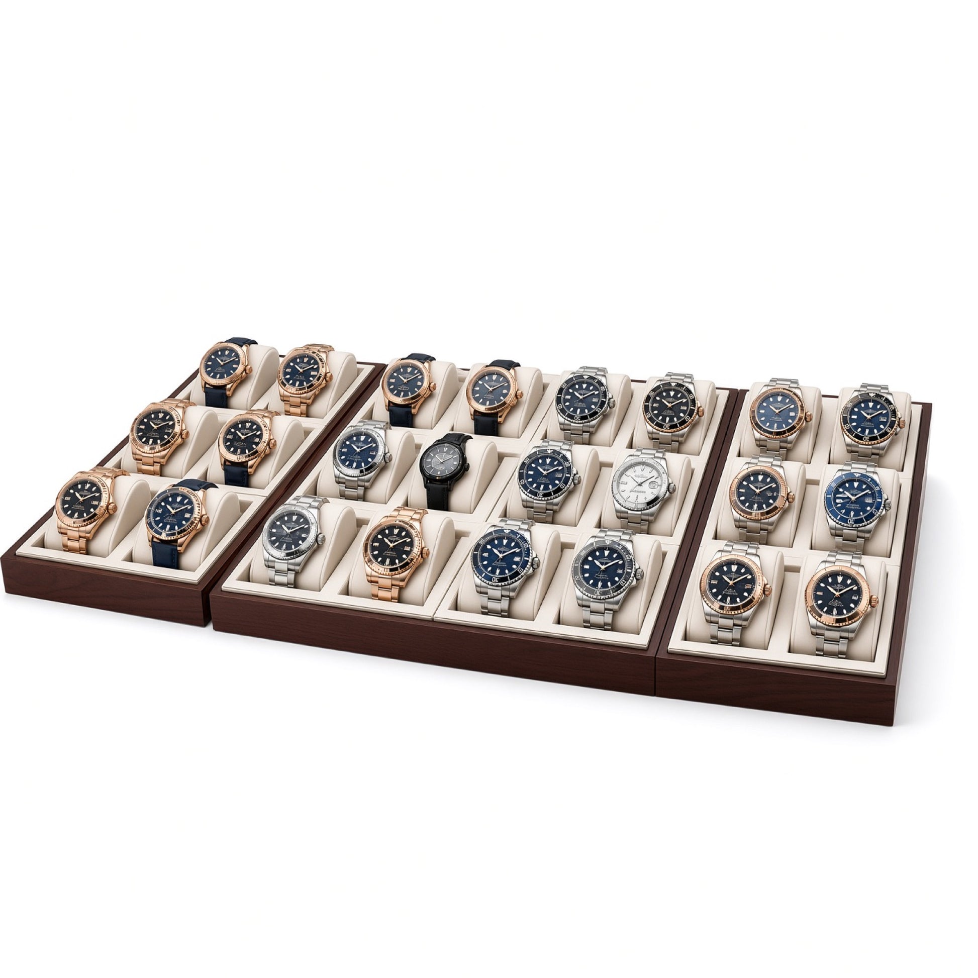 Custom Ivory Wood Grid Watch Display Tray without the backboard, styled with watches and jewelry