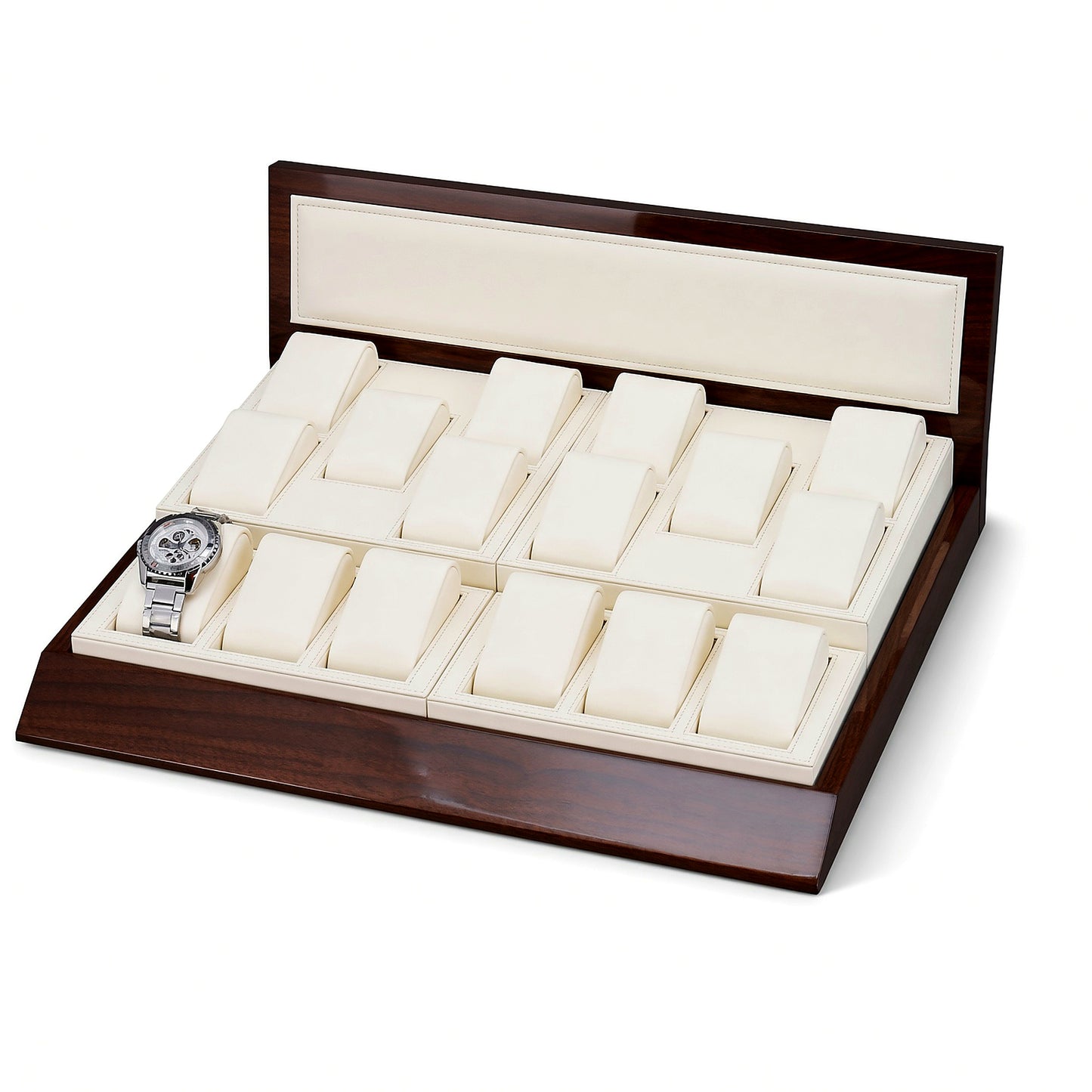 Custom Ivory Wood Watch Pillow Display Tray with the full backboard for configuration review