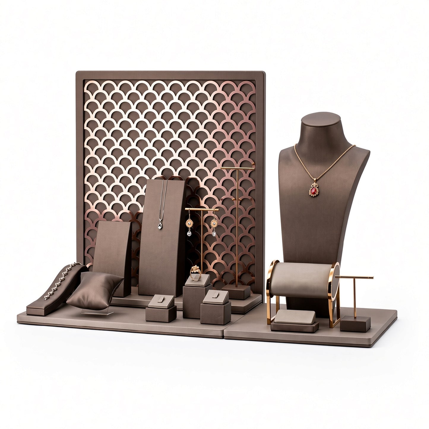 Custom Lattice Backdrop Jewelry Display Set shown with the full backdrop and coordinated scalloped lattice panel, necklace bust, slanted boards, pillows, T-bars and small blocks for configuration review