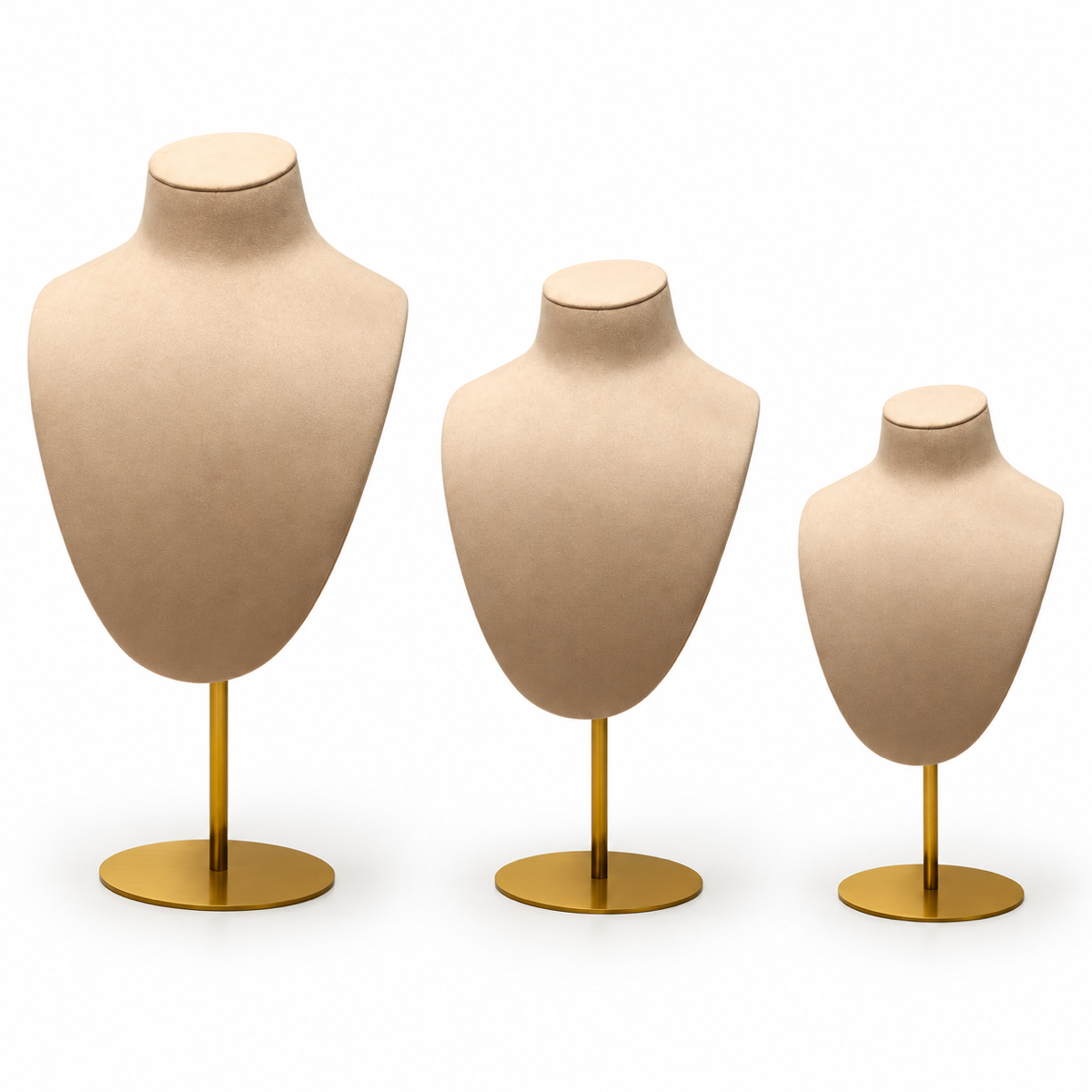 Khaki metal portrait necklace display busts in three heights on a pure white background