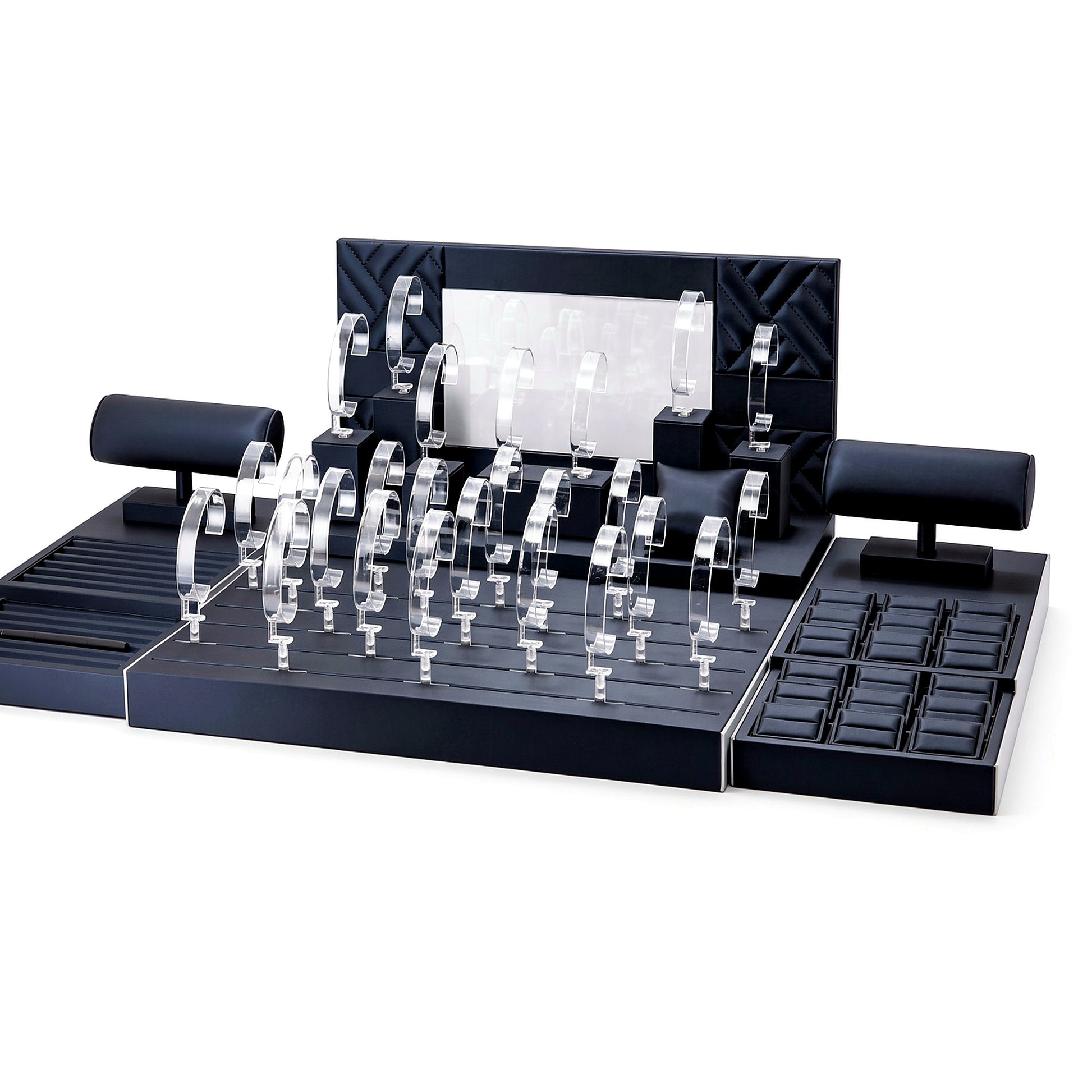 Custom Navy Clear Watch Showcase Display Set with the full backboard for configuration review