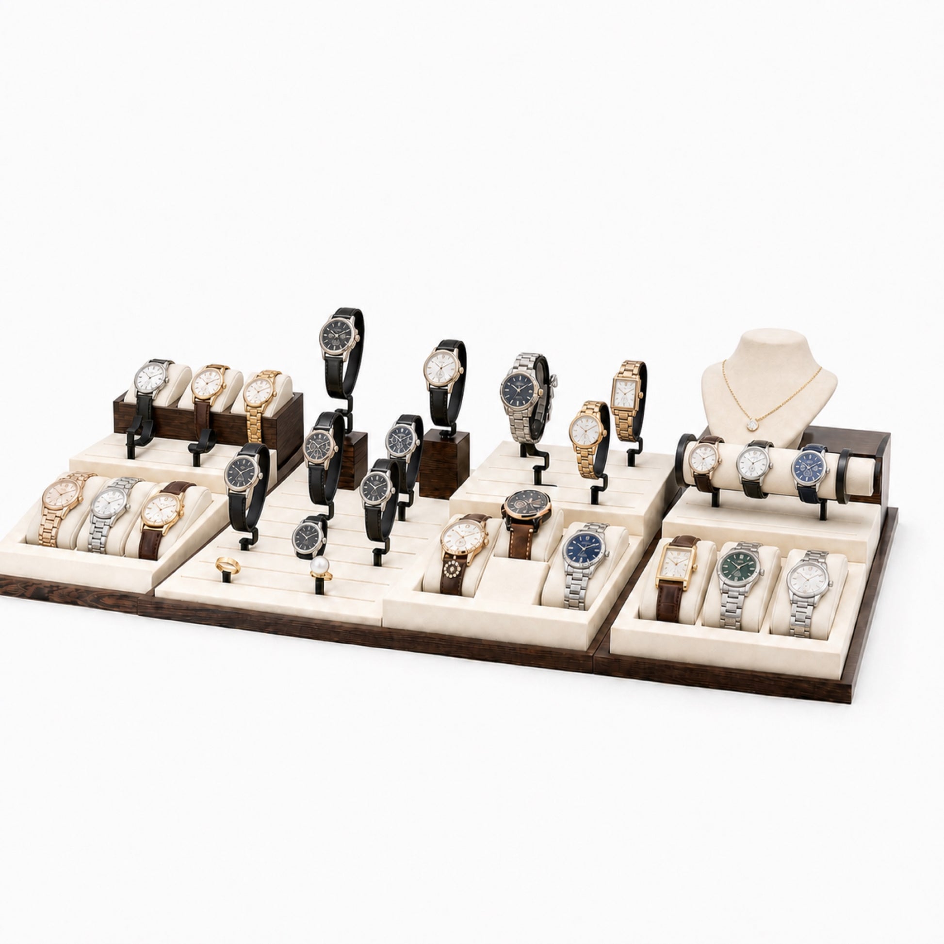 Custom Navy Clear Watch Showcase Display Set without the backboard, styled with watches and jewelry