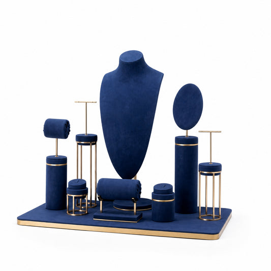 Custom Navy Rounded-Panel Jewelry Display Showcase shown without the backboard in a navy and gold arrangement with the display pieces presented for configuration review