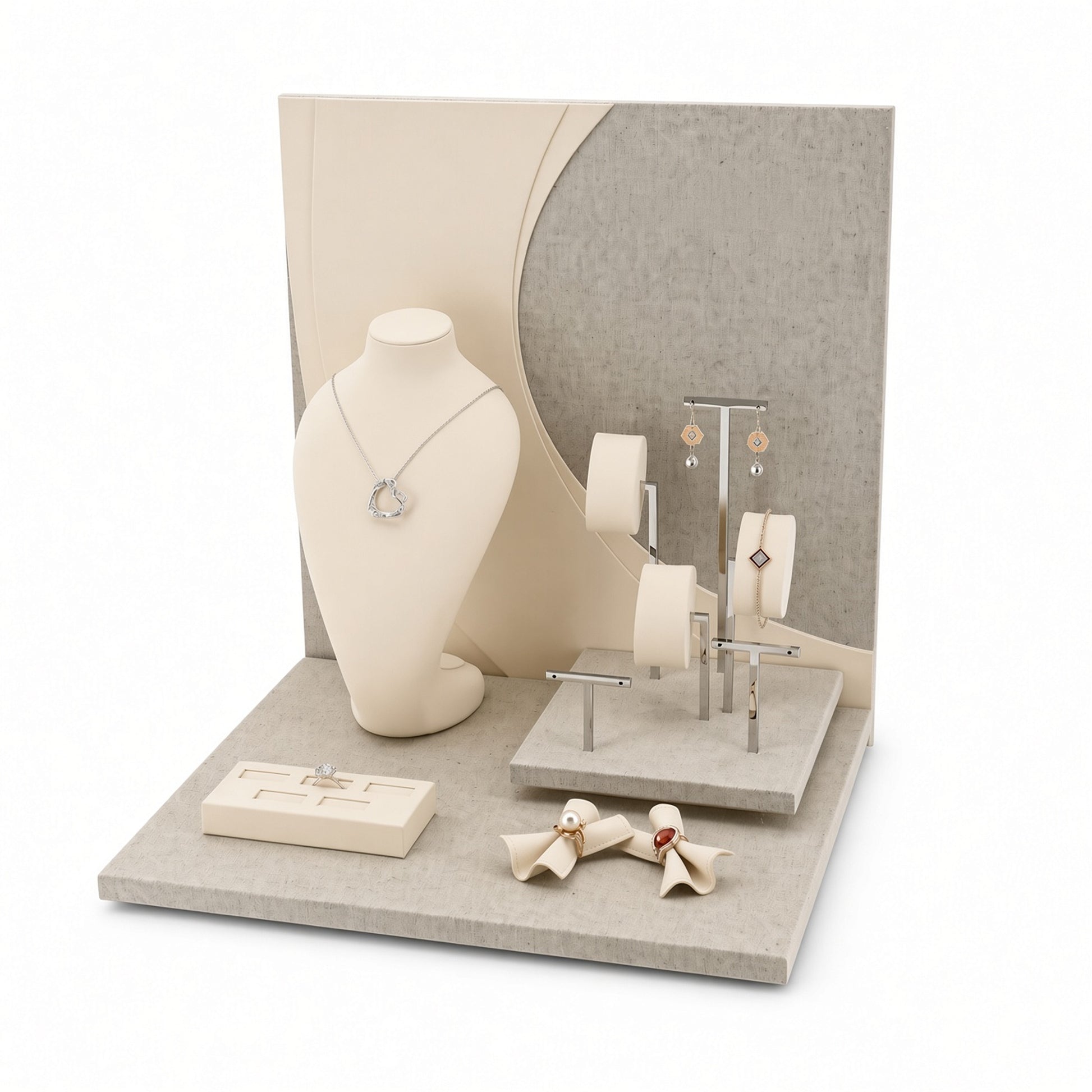 Custom Neutral Curved-Backdrop Retail Jewelry Display shown with the full backdrop and coordinated curved two-tone panel, compact bust, earring bars, bow-shaped holders and ring tray for configuration review
