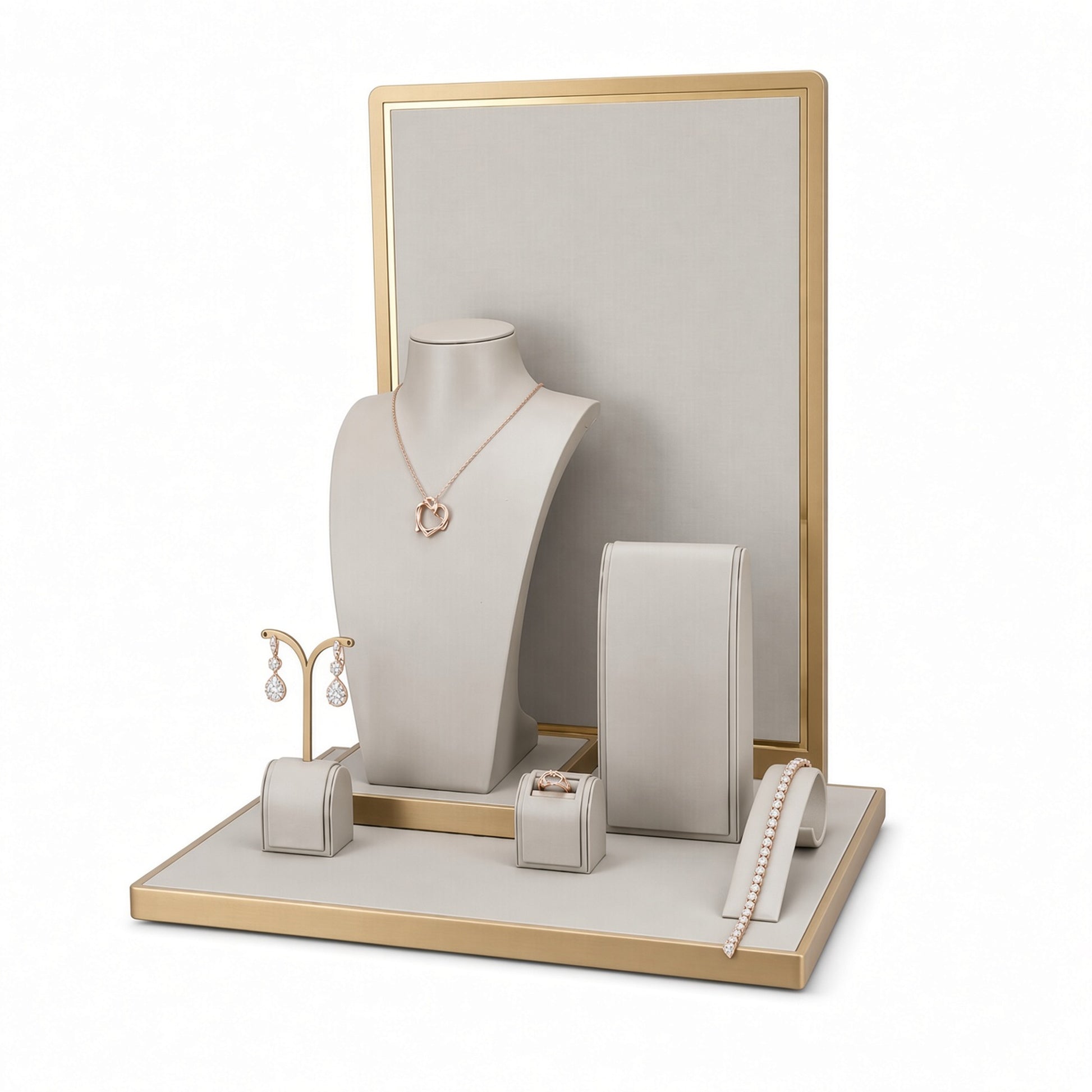 Custom Warm Neutral Framed Jewelry Display Set with the full backdrop, styled with assorted necklaces, earrings, rings and bracelets
