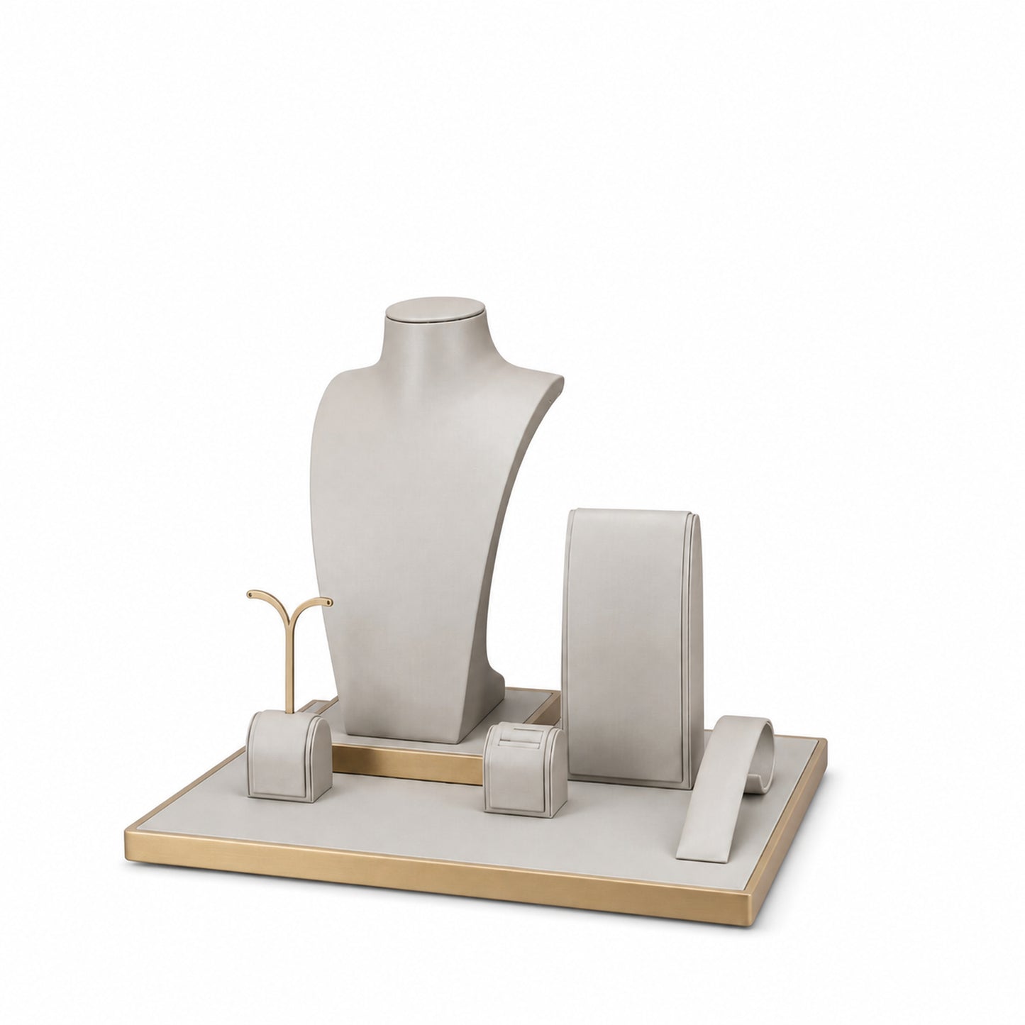 Custom Warm Neutral Framed Jewelry Display Set shown without the backboard in a warm ivory and gold arrangement with the display pieces presented for configuration review