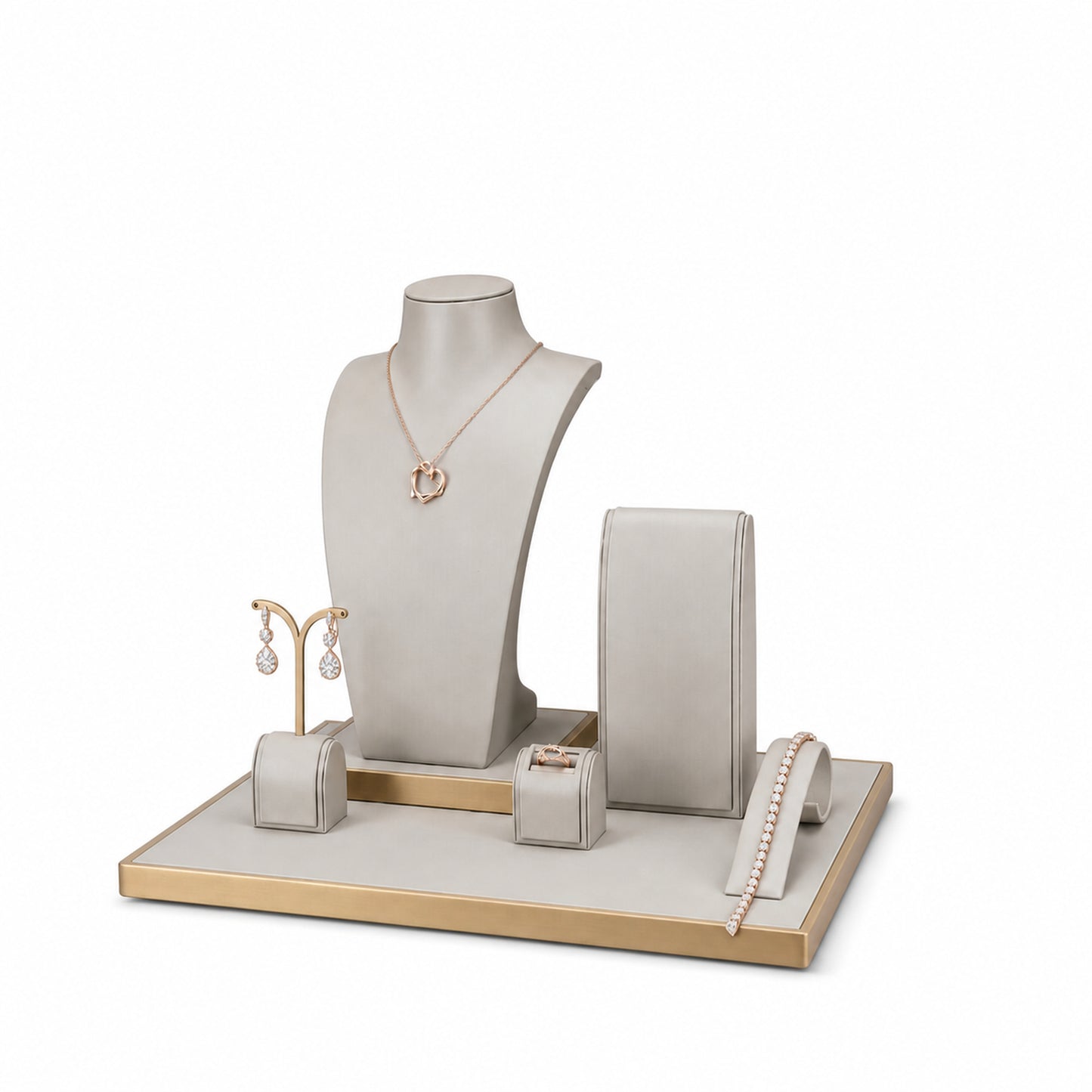 Custom Warm Neutral Framed Jewelry Display Set without the backboard, styled with necklaces, earrings, rings and bracelets across the coordinated display pieces