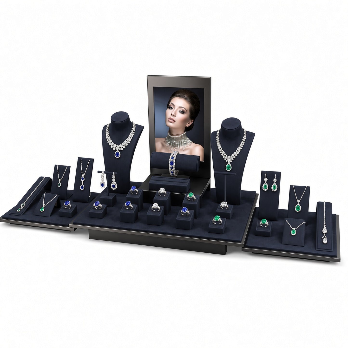 Custom Wide Multi-Platform Jewelry Display Set with the full backdrop, styled with assorted necklaces, earrings, rings and bracelets