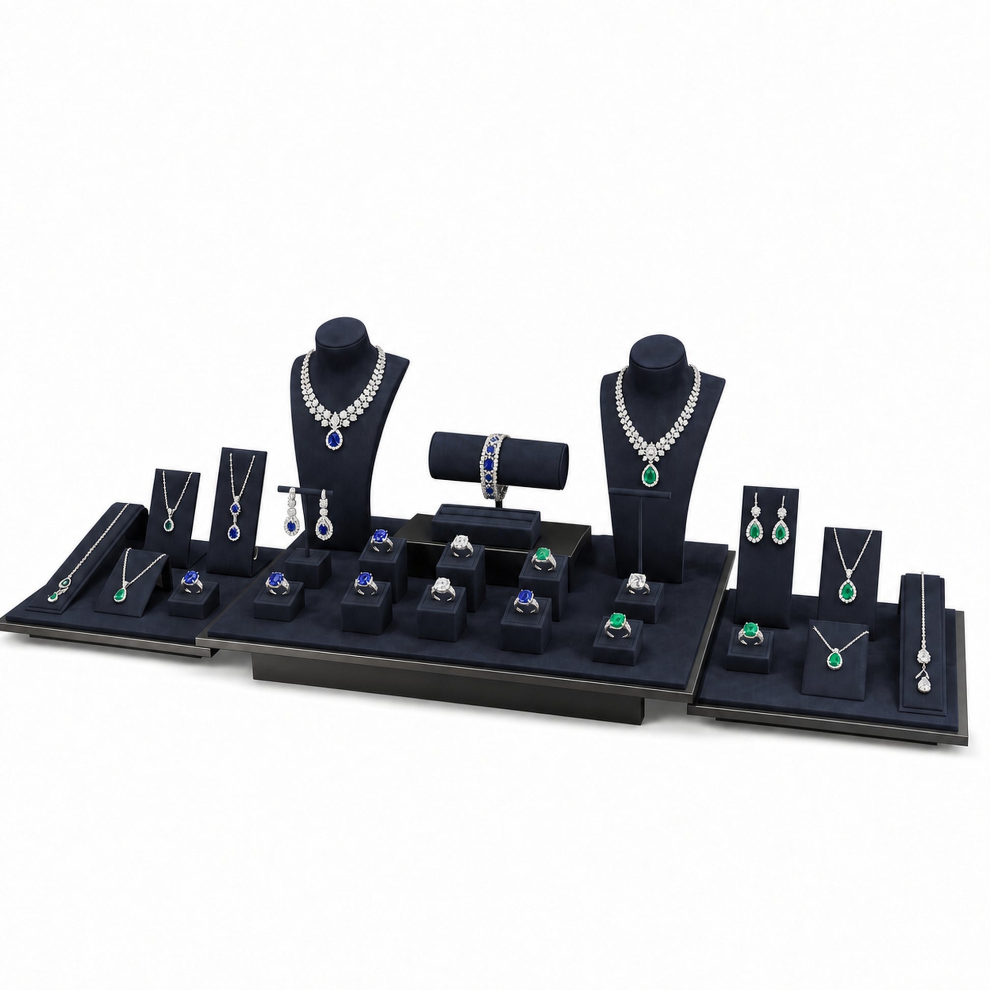 Custom Wide Multi-Platform Jewelry Display Set without the backboard, styled with necklaces, earrings, rings and bracelets across the coordinated display pieces