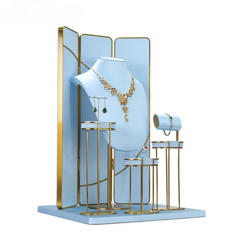 Light Blue & Gold Jewelry Display Set - Luxury Retail Stand with Necklace Bust, Earring & Ring Holders
