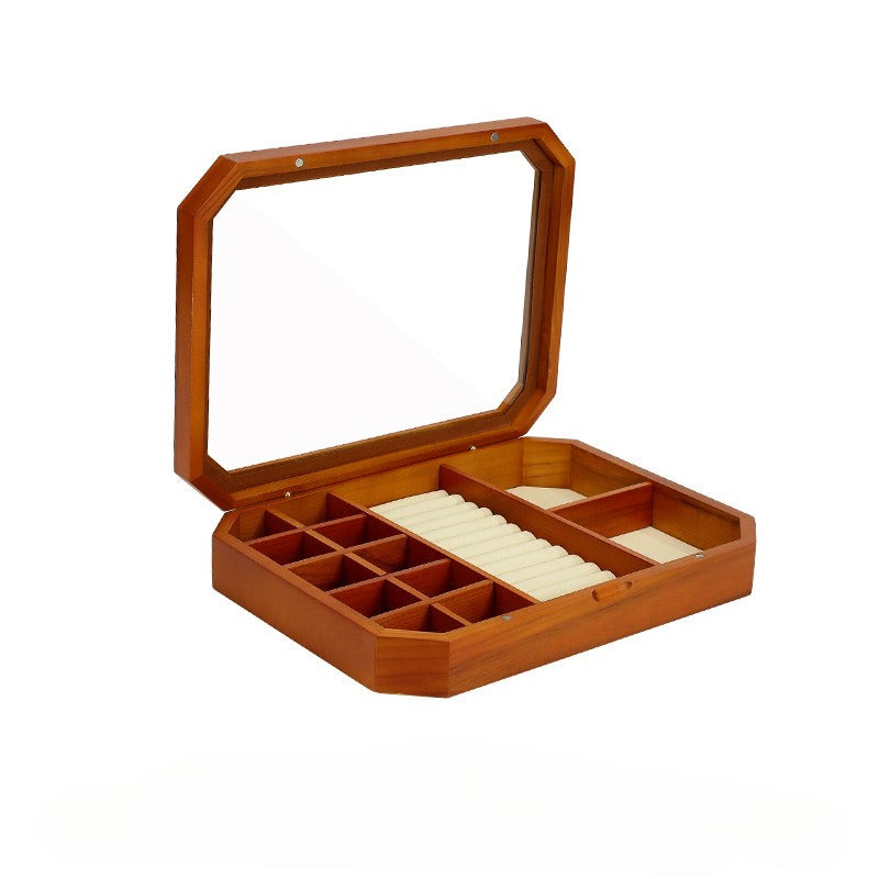 Wooden Jewelry Box with Clear Glass Lid & Octagonal Tray