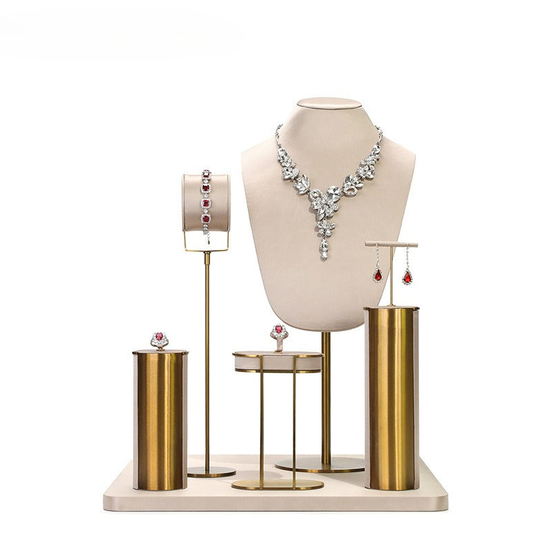 Beige Velvet Jewelry Display Set with Gold Metal Base - Complete Stand for Necklaces, Earrings, Rings & Bracelets