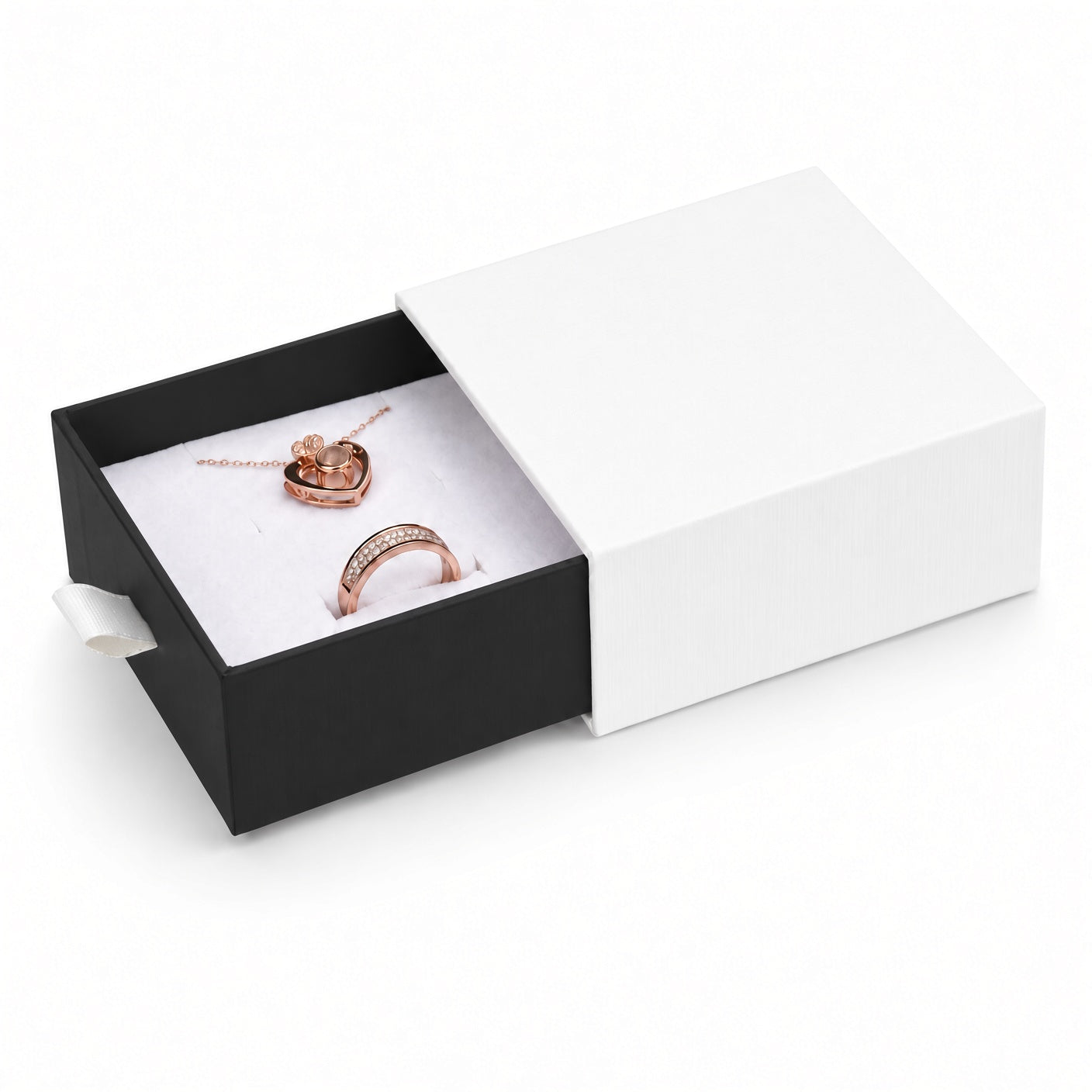 Black drawer jewelry box for rings, earrings, studs, pendants and compact necklaces — product view 4.