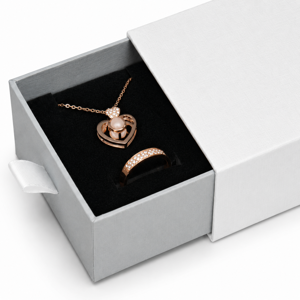 Silver drawer jewelry box packaging for rings, earrings, studs, pendants and compact necklaces — B2533-SL product view 02.