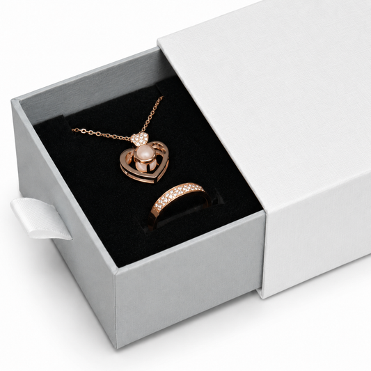 Silver drawer jewelry box packaging for rings, earrings, studs, pendants and compact necklaces — B2533-SL product view 02.