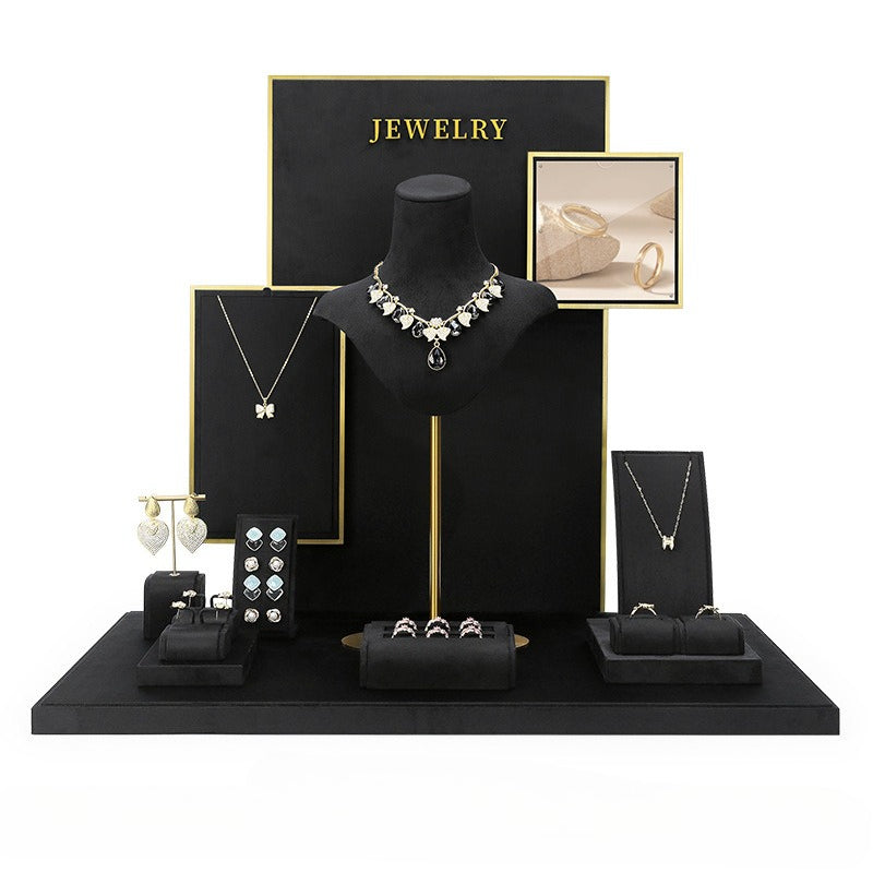 Black Velvet Jewelry Display Set - Complete Retail Stand with Bust, Earring, Ring & Bracelet Holders