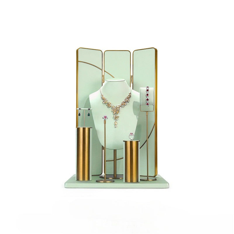 Light Green Velvet Jewelry Display Set with Gold Metal Base - Complete Stand for Necklaces, Earrings, Rings & Bracelets