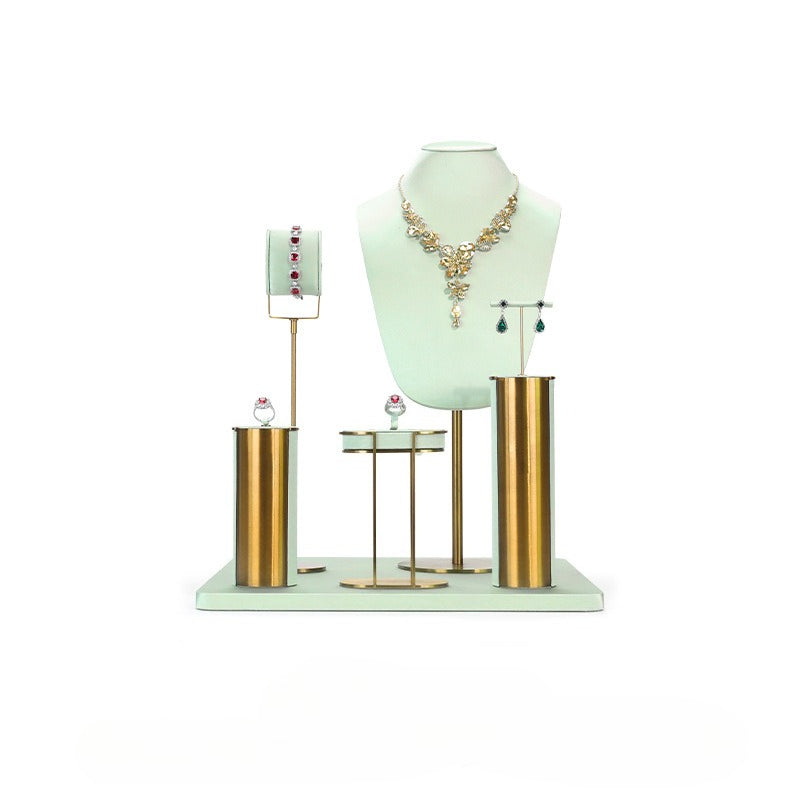 Light Green Velvet Jewelry Display Set with Gold Metal Base - Complete Stand for Necklaces, Earrings, Rings & Bracelets