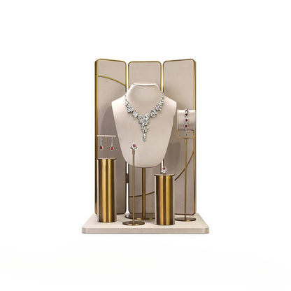 Beige Velvet Jewelry Display Set with Gold Metal Base - Complete Stand for Necklaces, Earrings, Rings & Bracelets