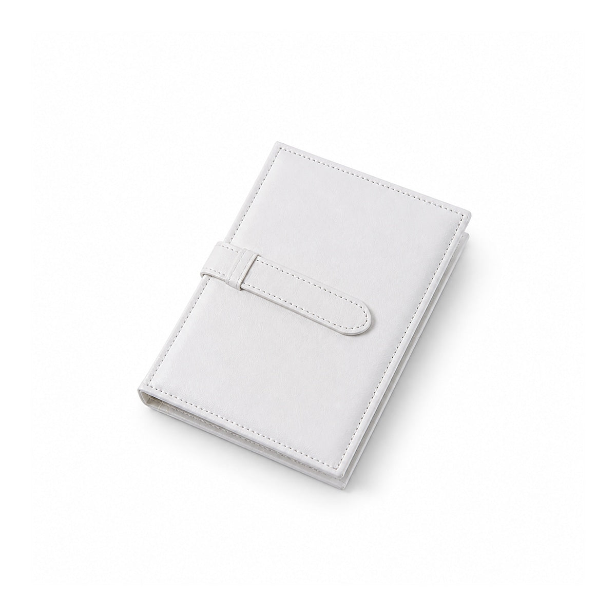 White earring storage book, closed with stitched edges and a strap fastening.