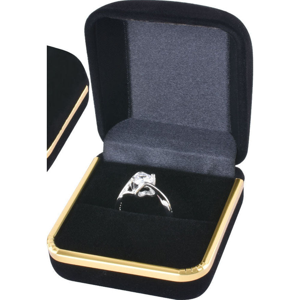 Black F02 flocking ring box open and closed presentation view