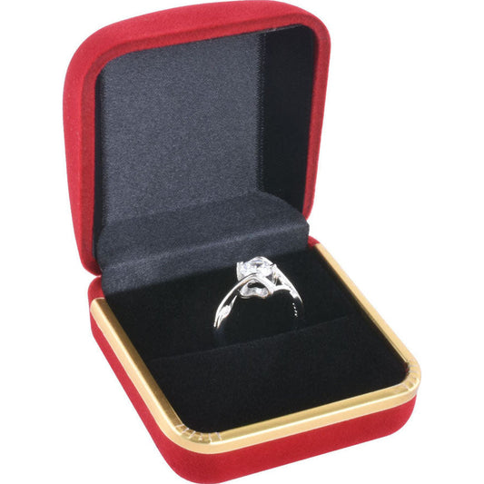 Red F02 flocking ring box open single-product view with gold trim