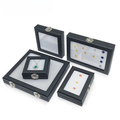 Black Leather Glass Gemstone Box with Lock