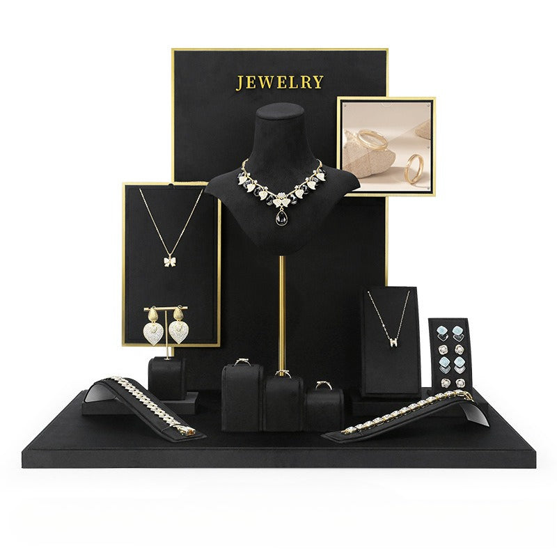 Black Velvet Jewelry Display Set - Complete Retail Stand with Bust, Earring, Ring & Bracelet Holders