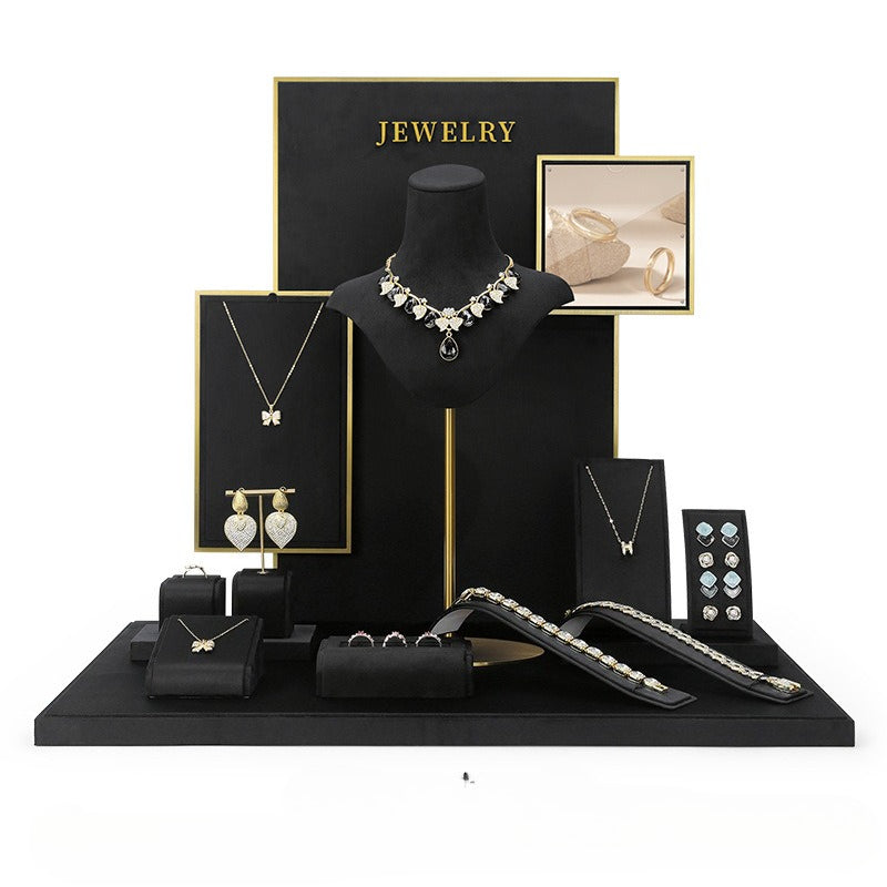 Black Velvet Jewelry Display Set - Complete Retail Stand with Bust, Earring, Ring & Bracelet Holders