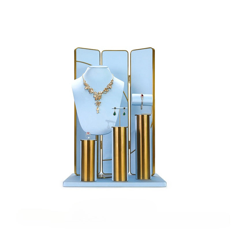 Light Blue & Gold Jewelry Display Set - Luxury Retail Stand with Necklace Bust, Earring & Ring Holders