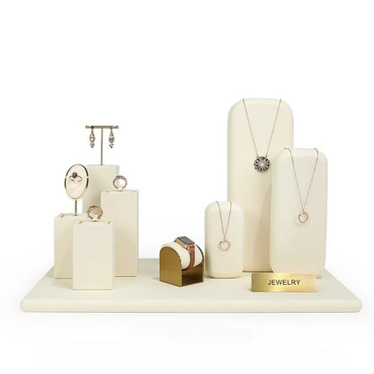 Beige Velvet Jewelry Display Set with Gold Metal Accents - Complete Retail Stand with Busts, Ring, Earring & Bracelet Holders