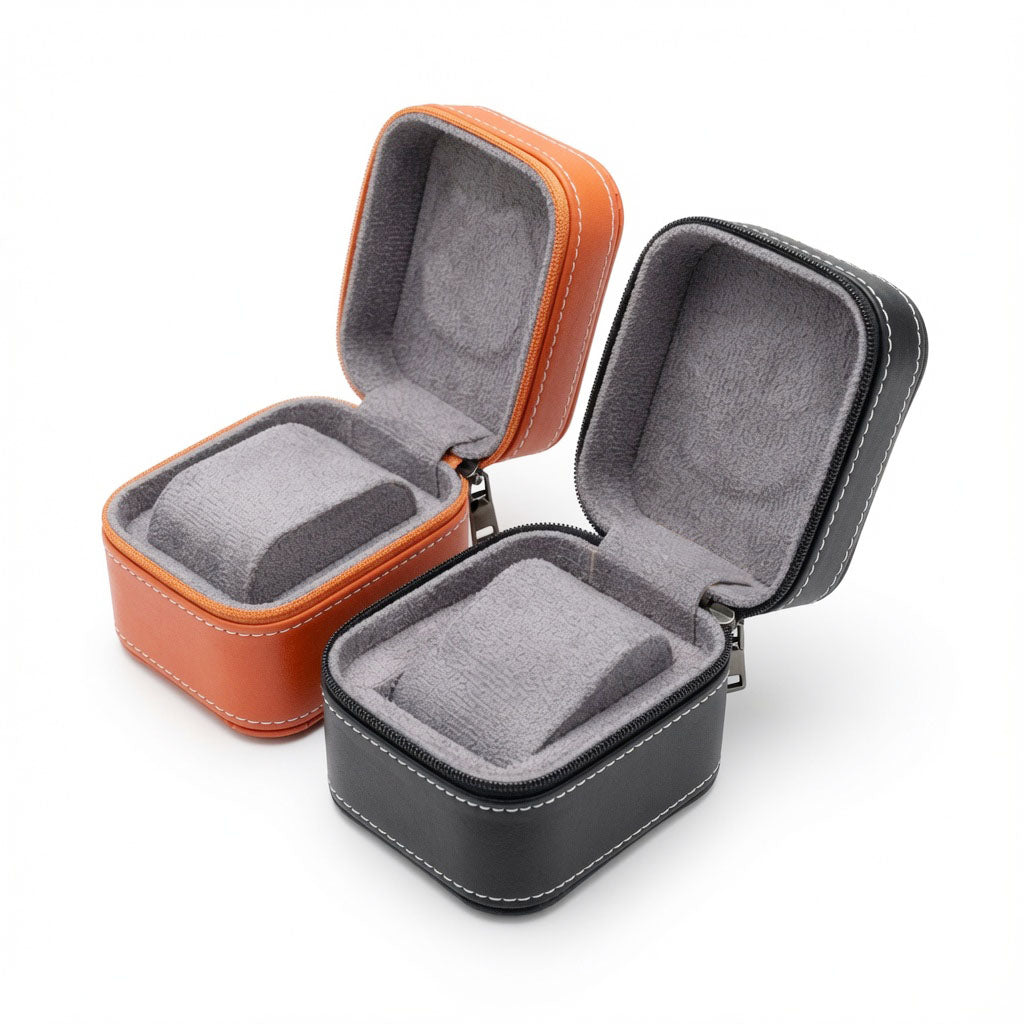 Jeweller Buy black one-watch carrying box shown open with a protective display pillow.
