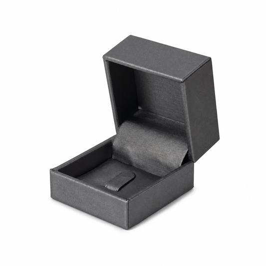 Gray PU ring box fully open with complete product visible on white background