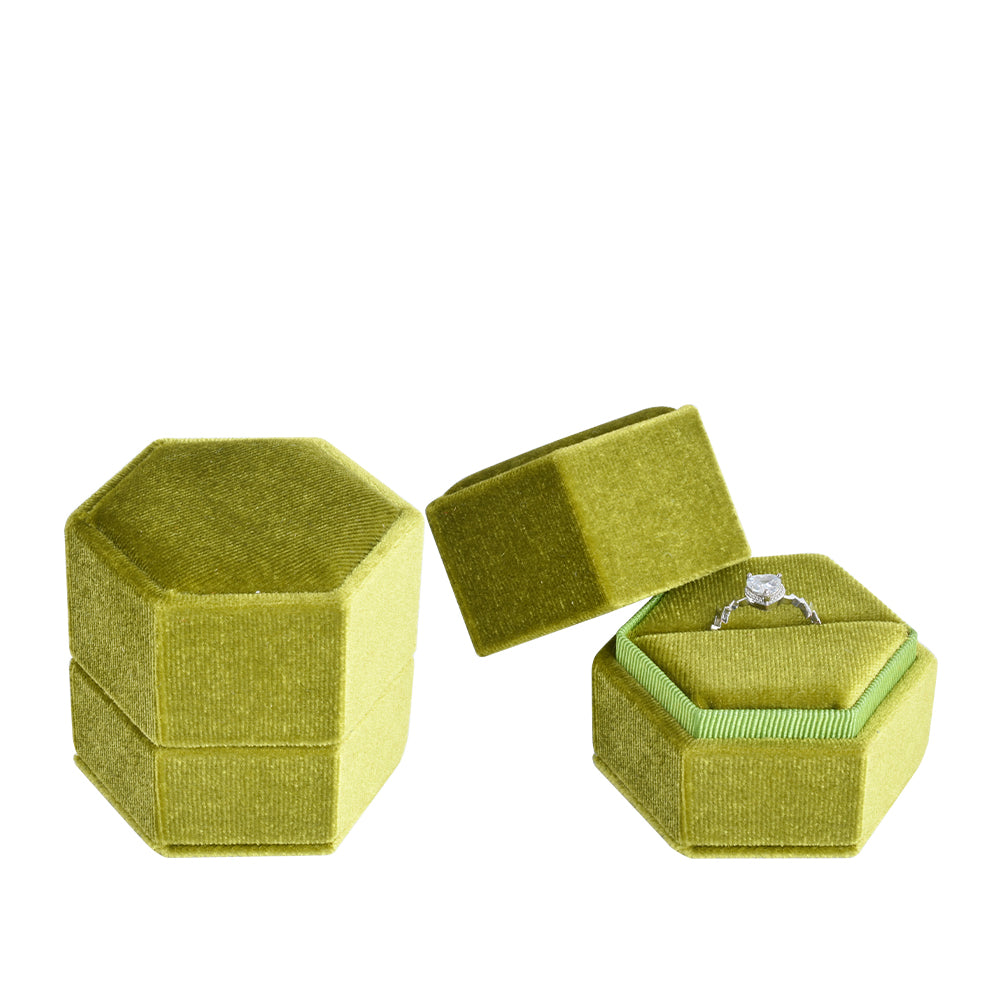 Green Hexagonal Velvet Ring Box, product view 1