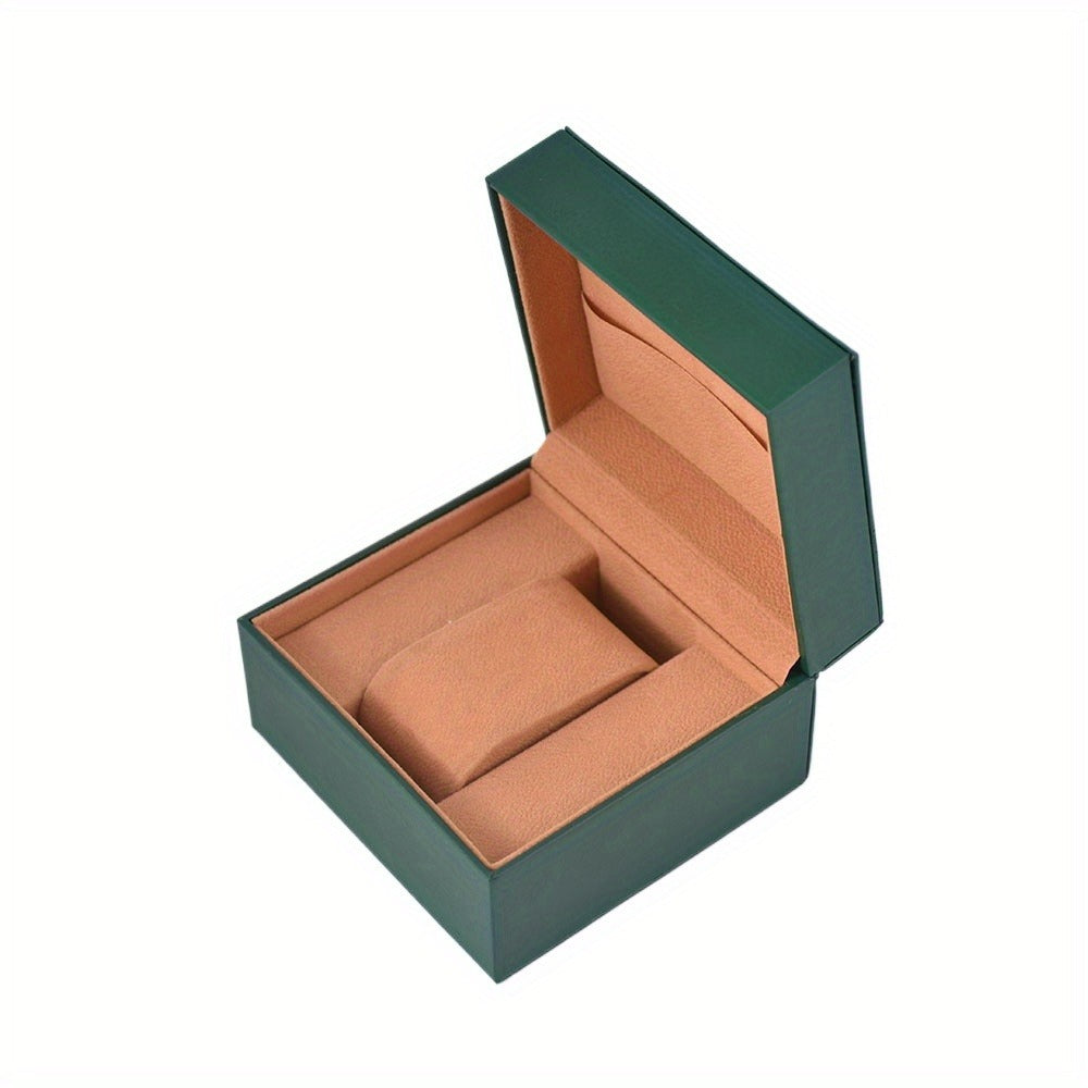 Jeweller Buy green watch presentation box with a soft brown interior for one timepiece.