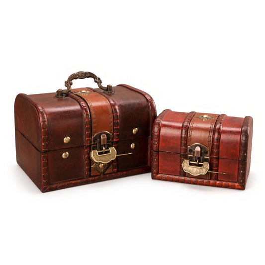Large and small closed reddish brown wooden chests with brass locks