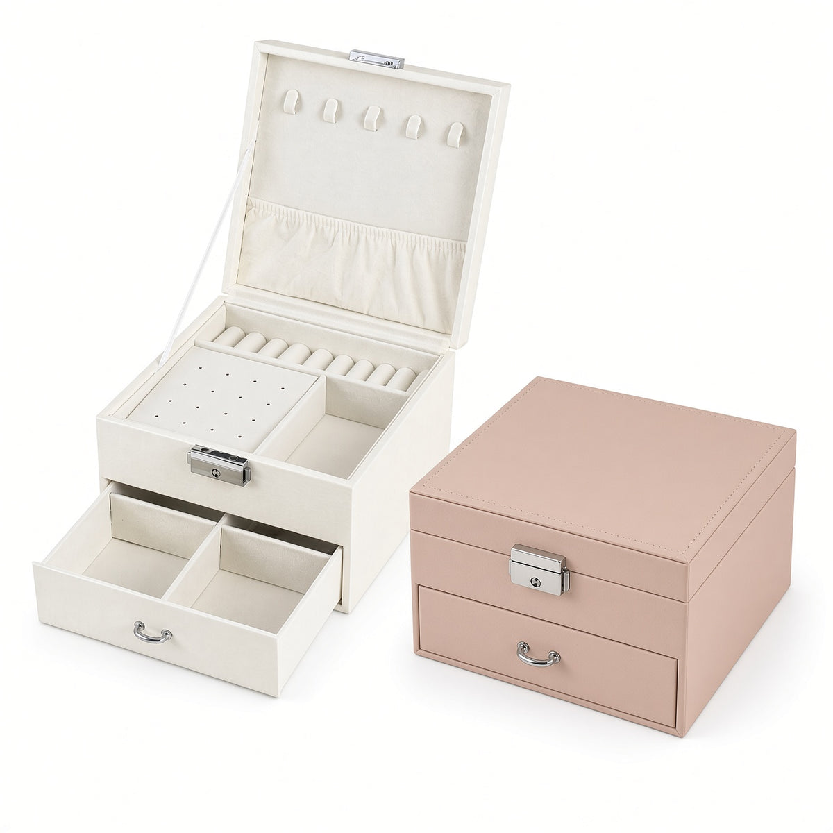 Jewelry box with earring organizer shown open in white beside a closed nude pink box