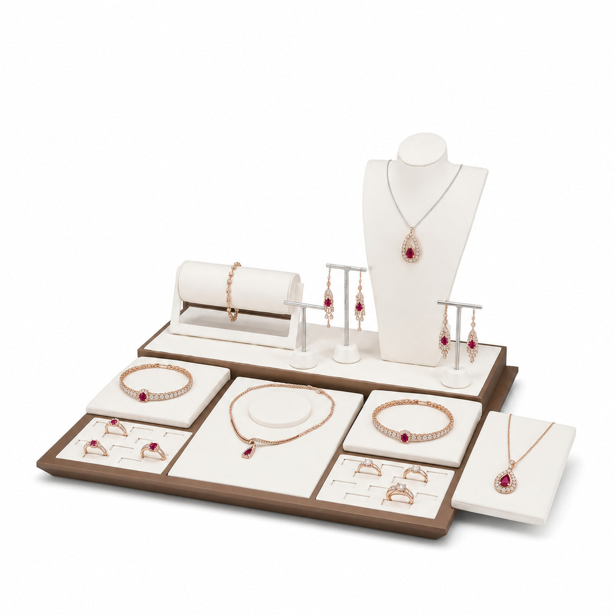 jewelry display - Custom Brown Split-Backdrop Jewelry Display Table Set CJD013 front view