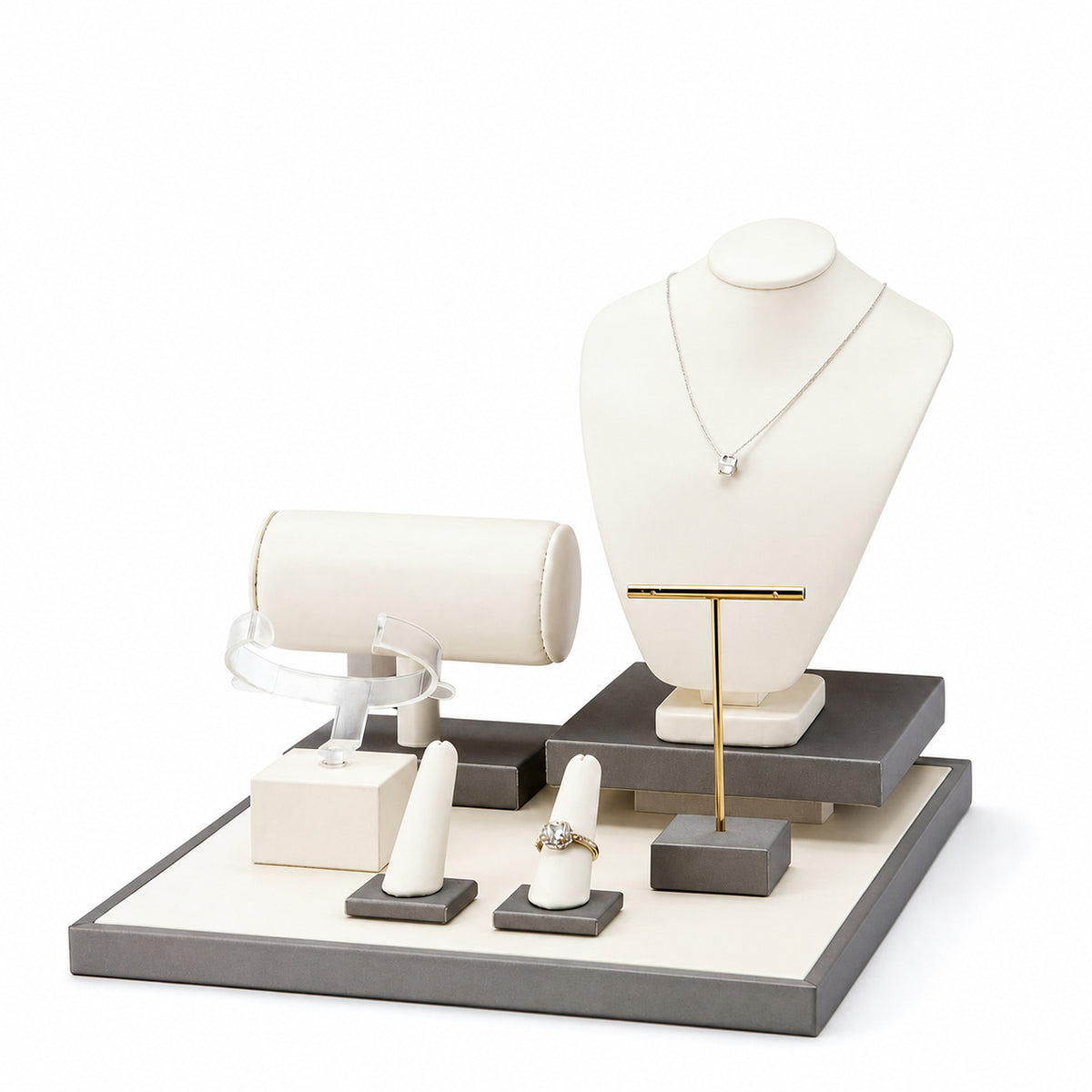 jewelry display - Custom Ivory Gray Multi-Level Jewelry Display Set CJD024 front view