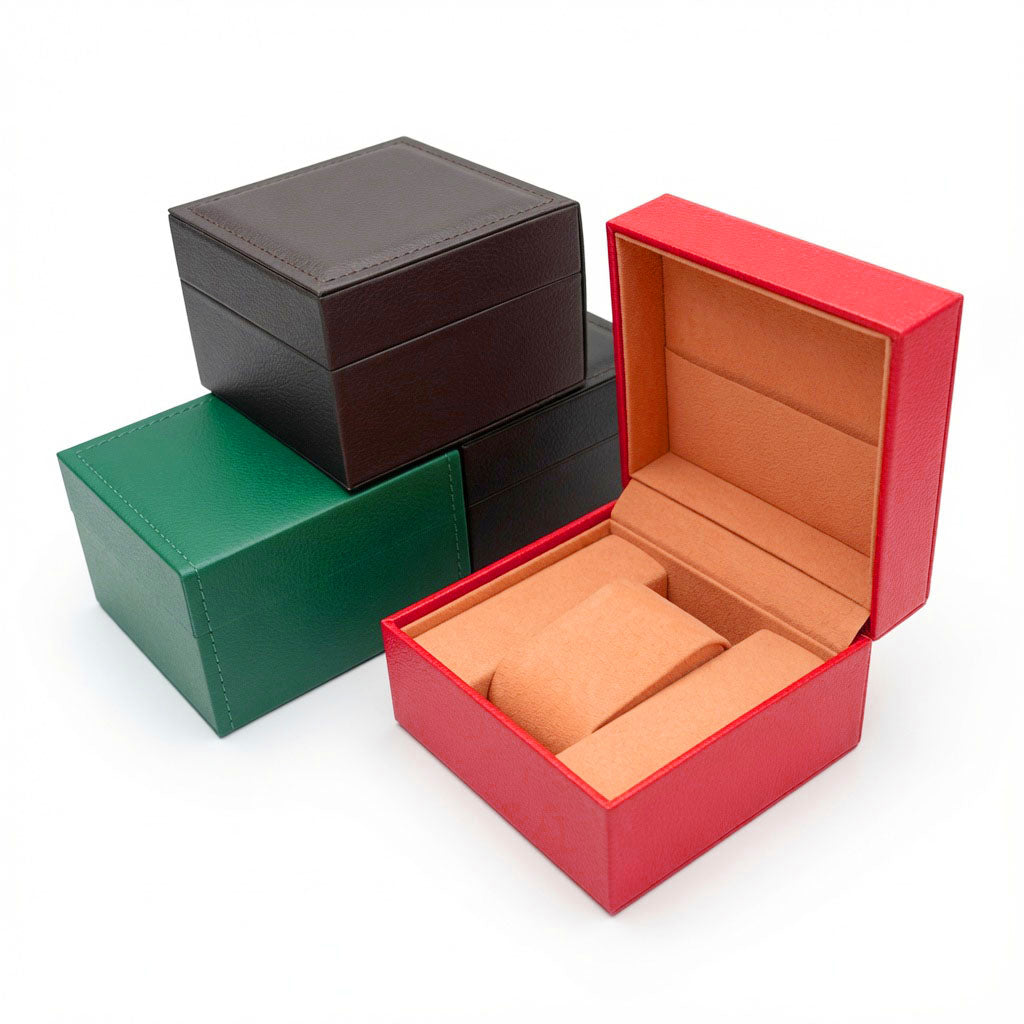 One-watch storage box in red with a hinged lid and soft brown display cushion.