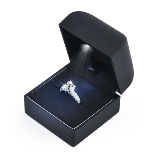 LB02R black beige LED ring box open with ring under interior light