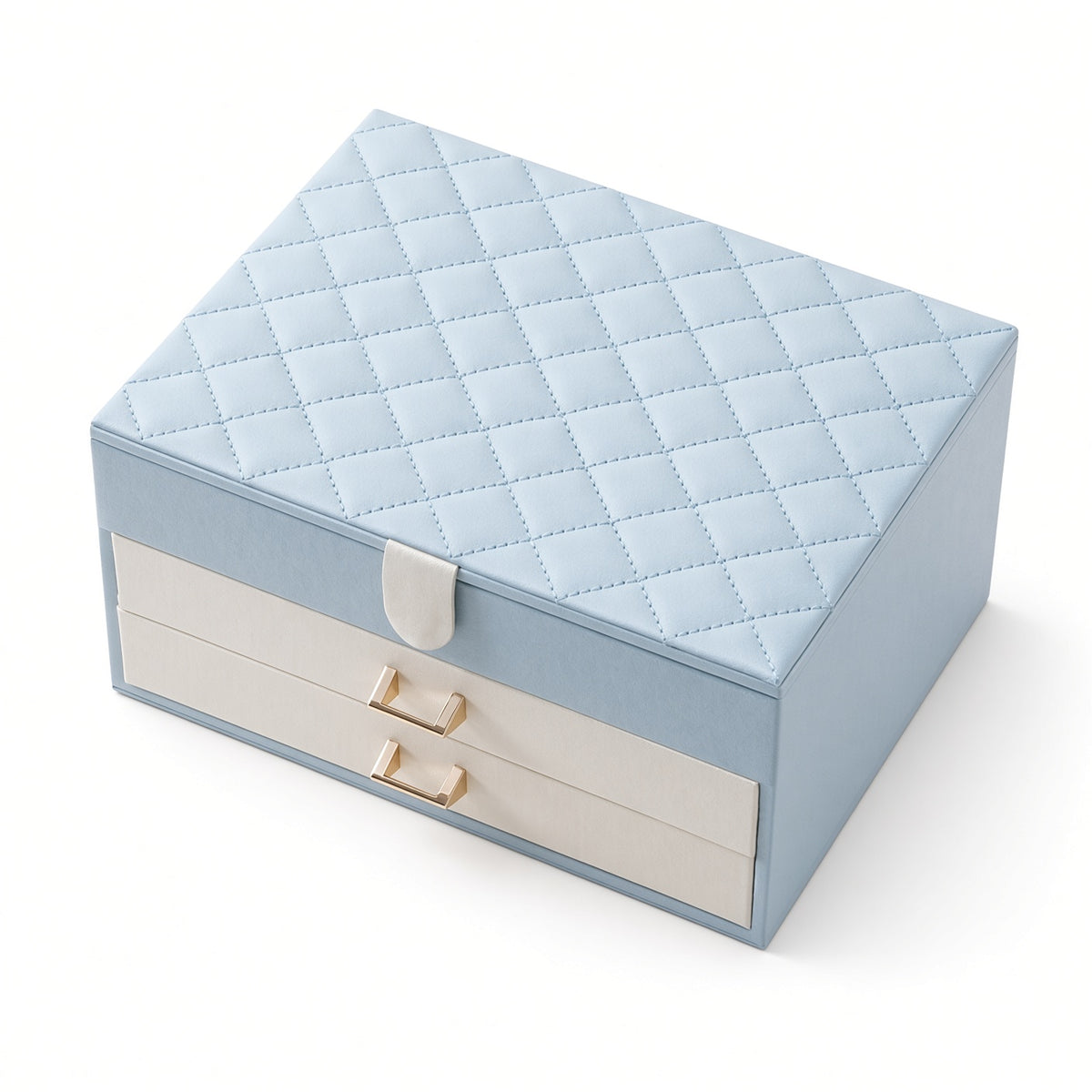 Light blue quilted jewelry case with ivory drawer fronts and magnetic closure tab