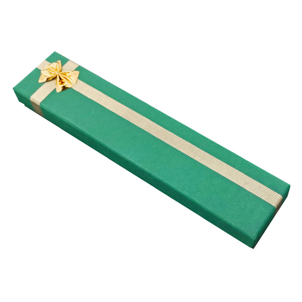 Green ribbon paper bracelet jewelry gift box, closed angle view