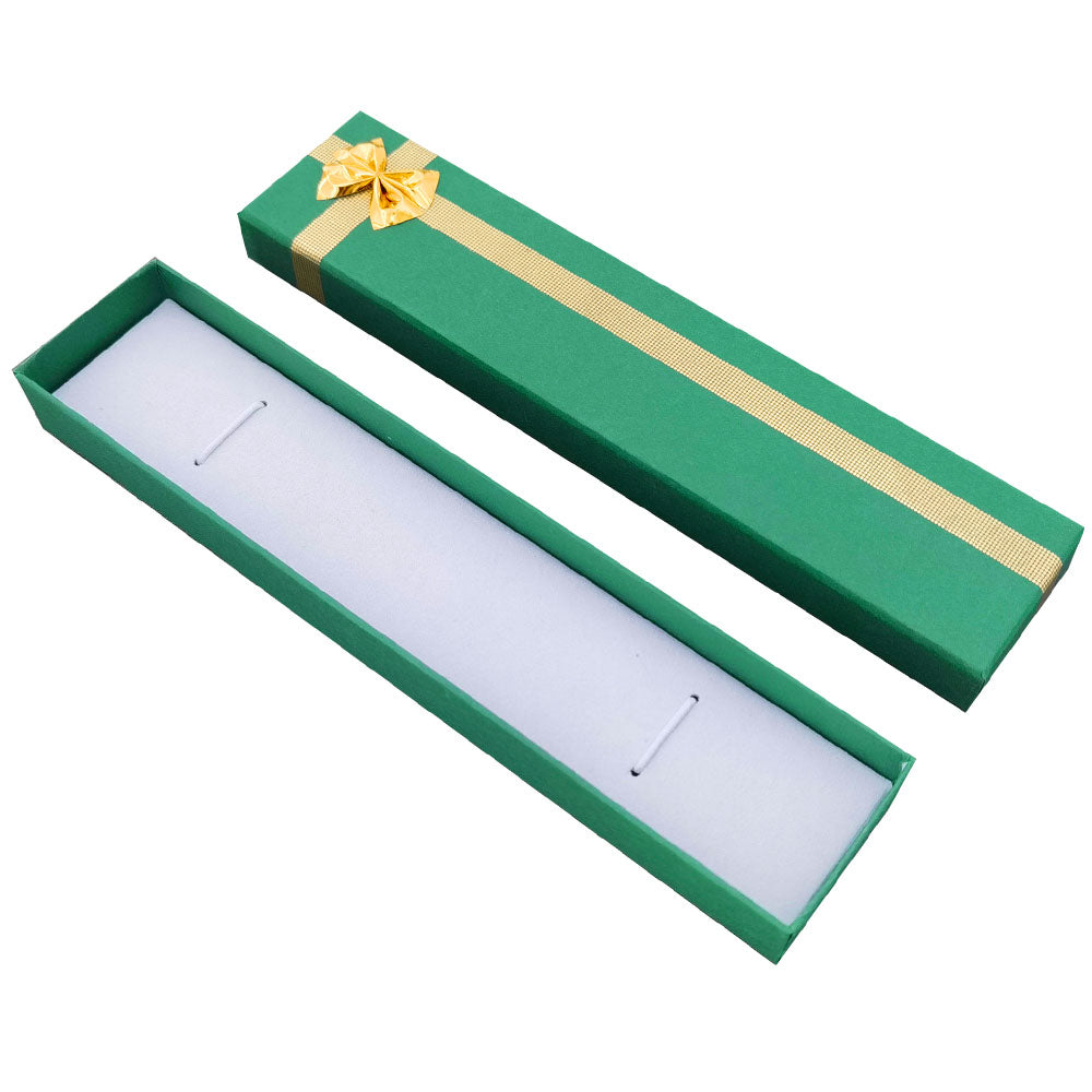 Green ribbon paper bracelet jewelry gift box, open interior view
